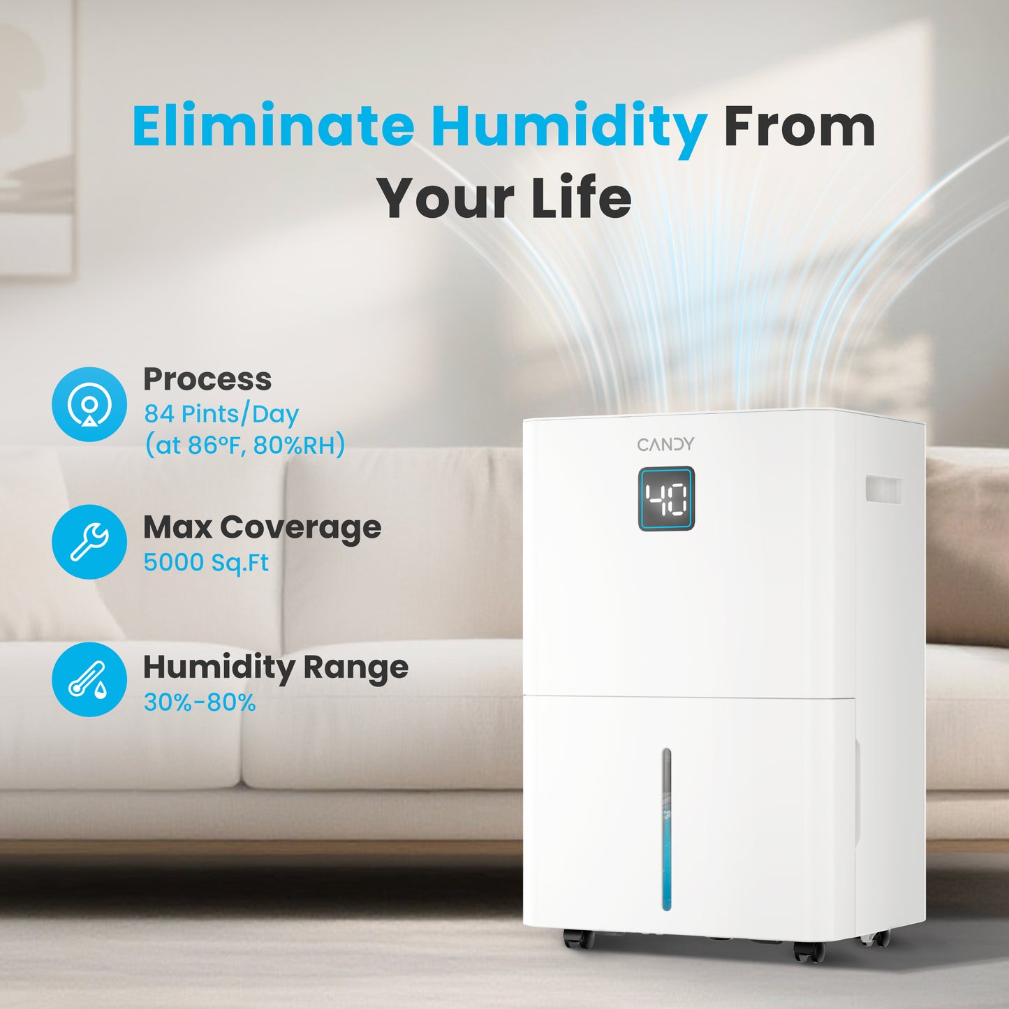Candy 98 Pints Dehumidifier for Spaces up to 5000 Sq. Ft CAS-CF40(W)-US